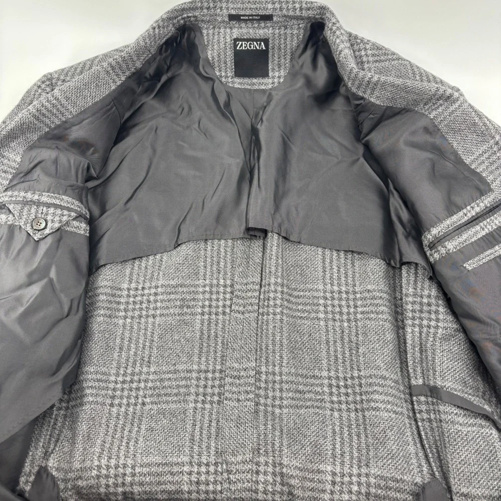 Zegna Men Sportcoat Blazer 48 R Gray Glen Plaid Cashmere Silk Italy Unstructured